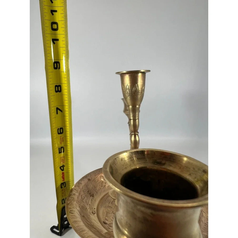 Vintage Etched Brass 3 Arm‎ Candelabra Centerpiece India 9.5 Inch